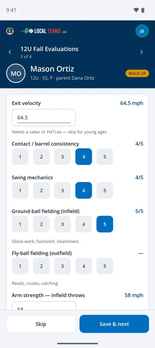 The coach's tryout evaluations in the app