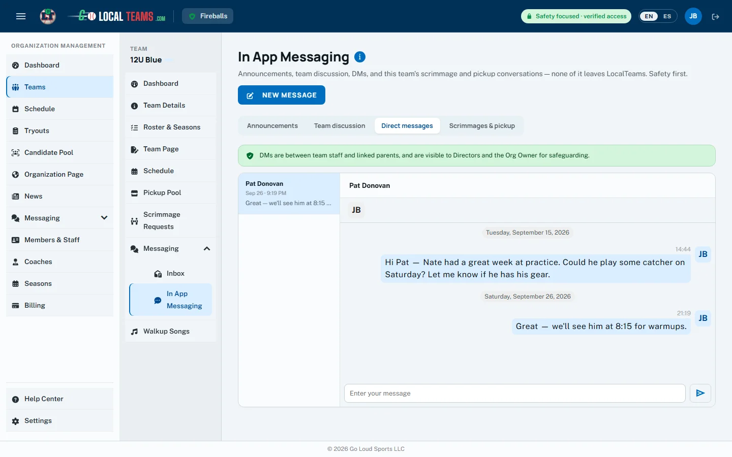 A private message between a coach and a parent