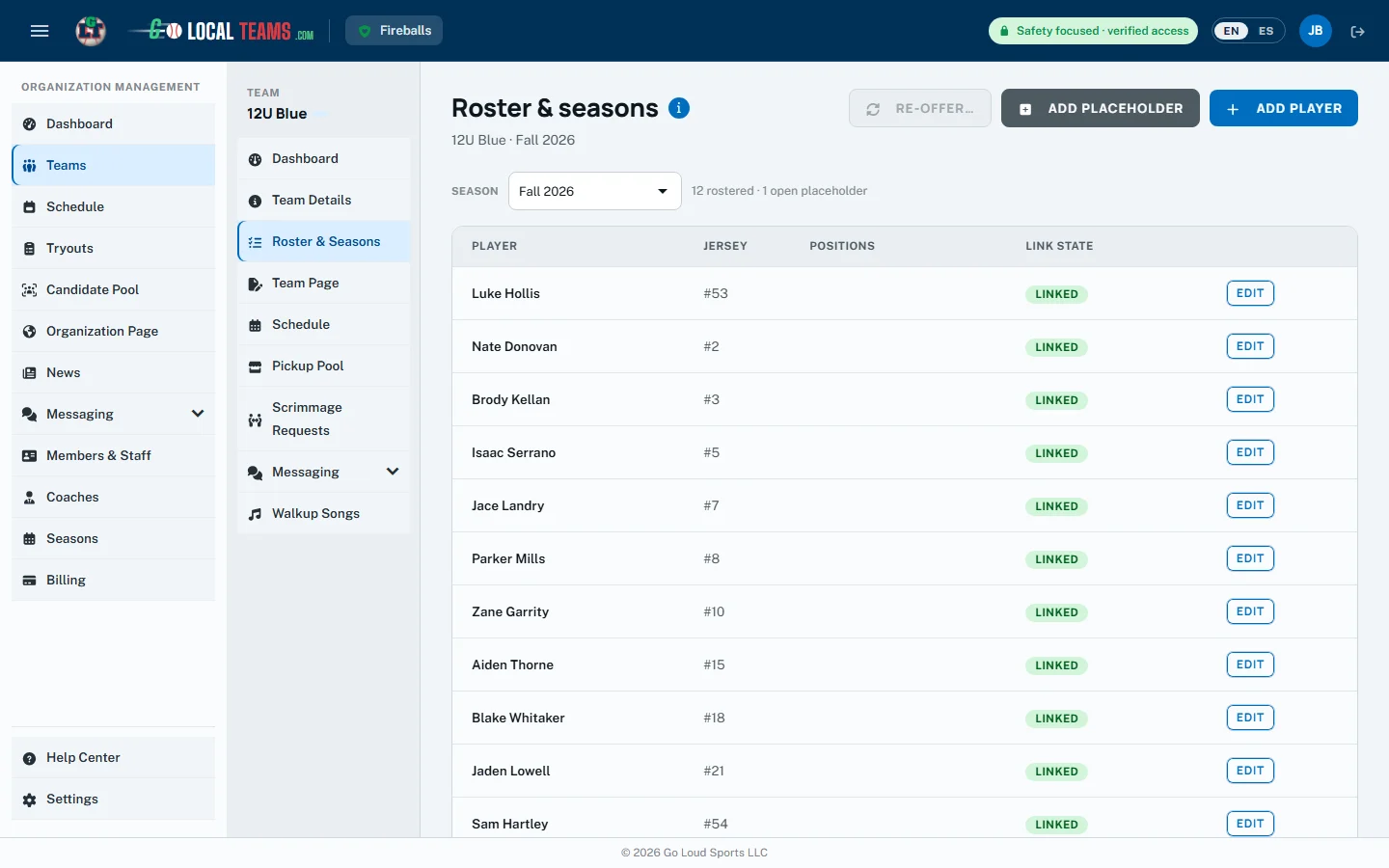 Roster & seasons page listing a team's players