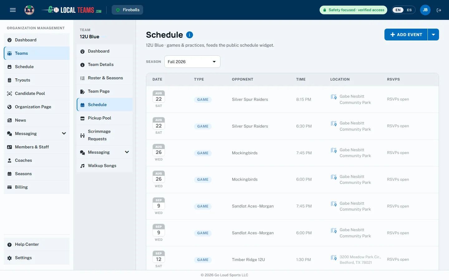 A team's season schedule